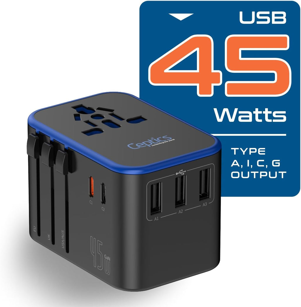 Universal Travel Adapter, 45W International Power Adapter with PD & QC 3.0 Dual USB-C, 3 USB Travel Adapter Worldwide, Type I C G a Outlets - EU Euro US UK (11-KU)