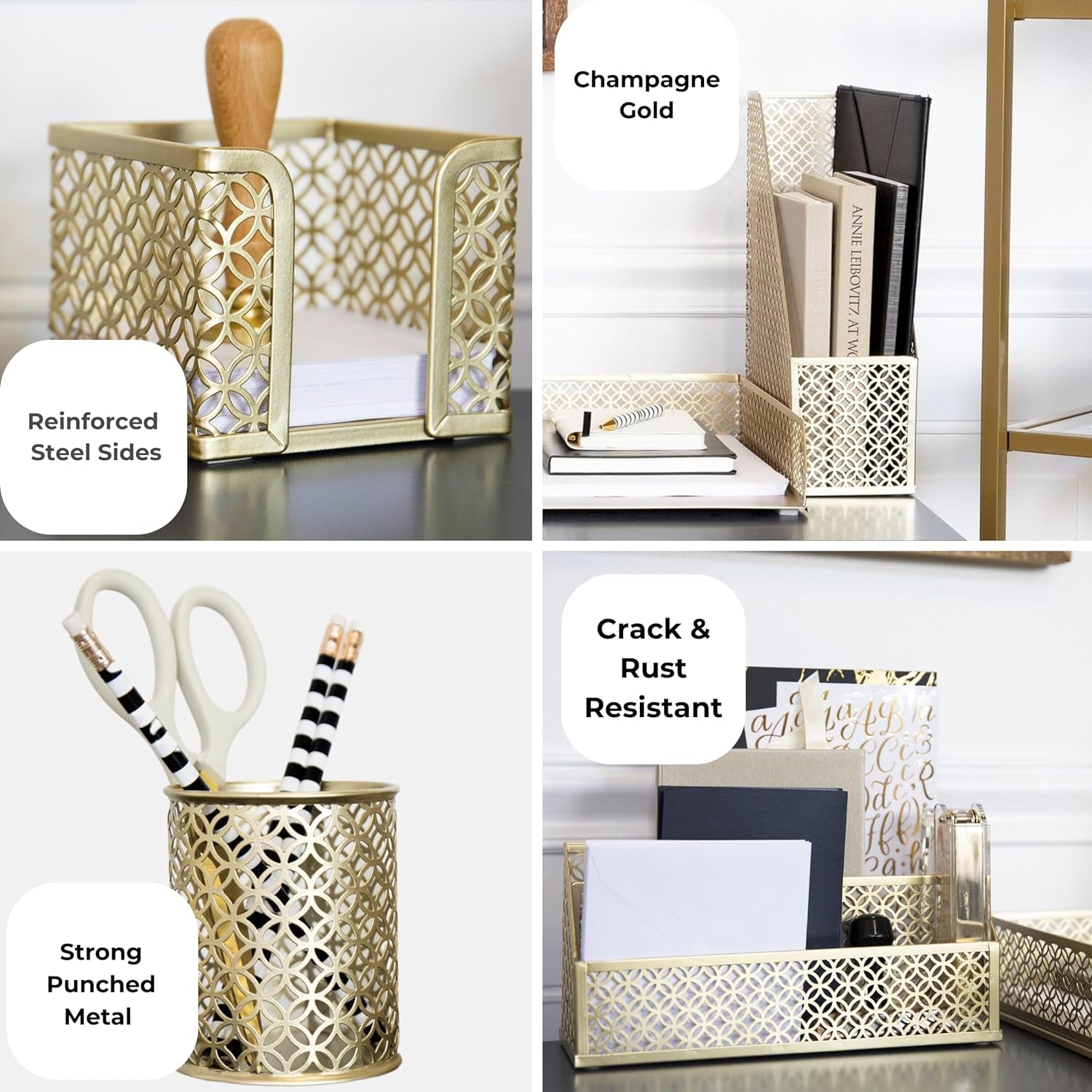| Gold Desk Organizer Set with Mail Sorter, Sticky Note Holder, Pen Cup, Magazine Holder, Letter Tray & Business Card Holder | Stylish Desk Accessories for Women & Home Office Décor