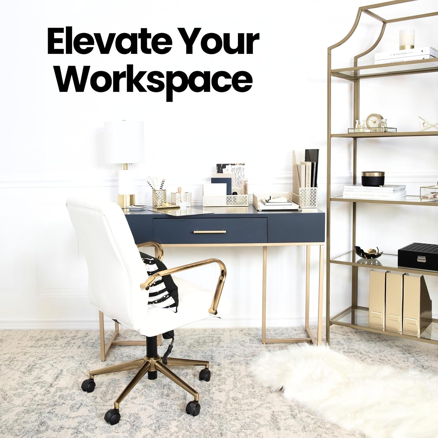 | Gold Desk Organizer Set with Mail Sorter, Sticky Note Holder, Pen Cup, Magazine Holder, Letter Tray & Business Card Holder | Stylish Desk Accessories for Women & Home Office Décor