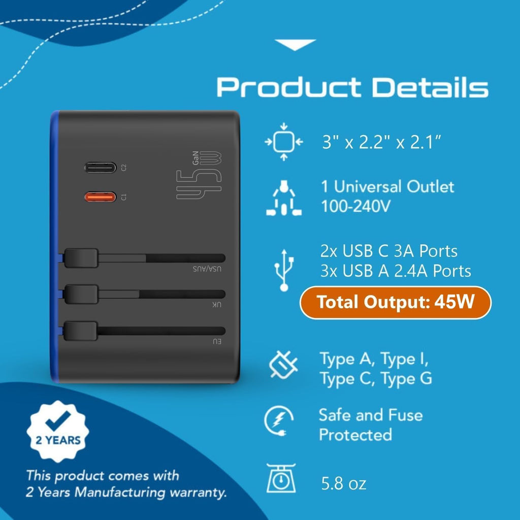 Universal Travel Adapter, 45W International Power Adapter with PD & QC 3.0 Dual USB-C, 3 USB Travel Adapter Worldwide, Type I C G a Outlets - EU Euro US UK (11-KU)