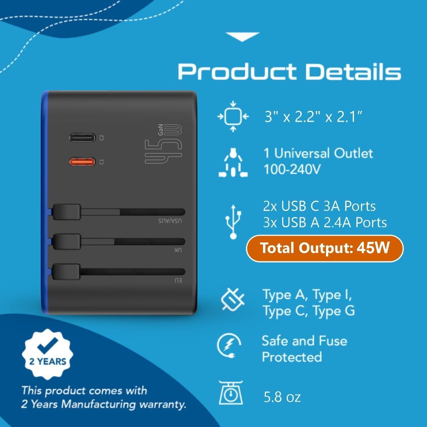 Universal Travel Adapter, 45W International Power Adapter with PD & QC 3.0 Dual USB-C, 3 USB Travel Adapter Worldwide, Type I C G a Outlets - EU Euro US UK (11-KU)
