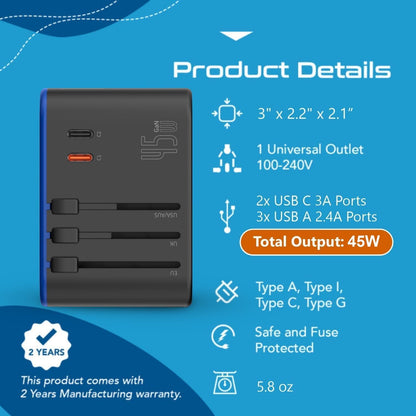 Universal Travel Adapter, 45W International Power Adapter with PD & QC 3.0 Dual USB-C, 3 USB Travel Adapter Worldwide, Type I C G a Outlets - EU Euro US UK (11-KU)