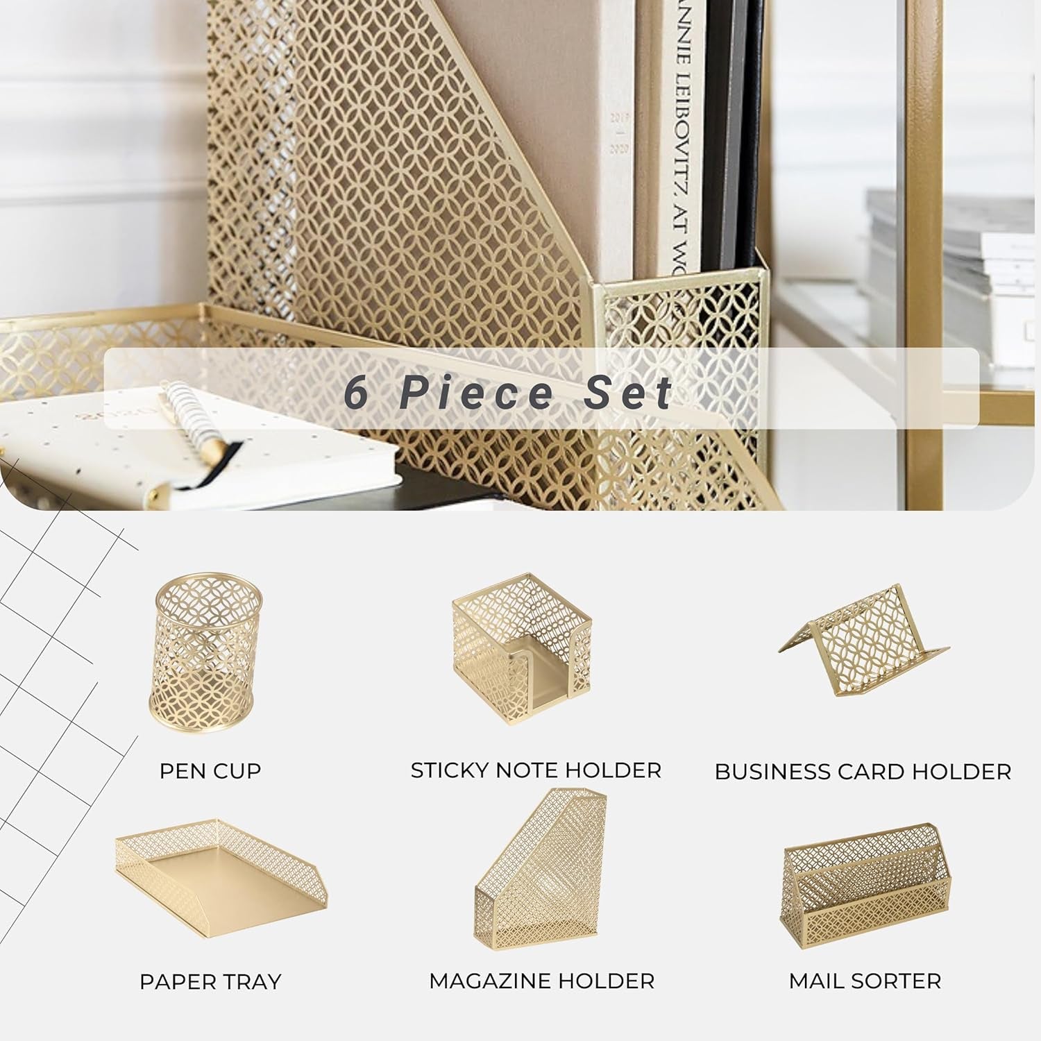 | Gold Desk Organizer Set with Mail Sorter, Sticky Note Holder, Pen Cup, Magazine Holder, Letter Tray & Business Card Holder | Stylish Desk Accessories for Women & Home Office Décor