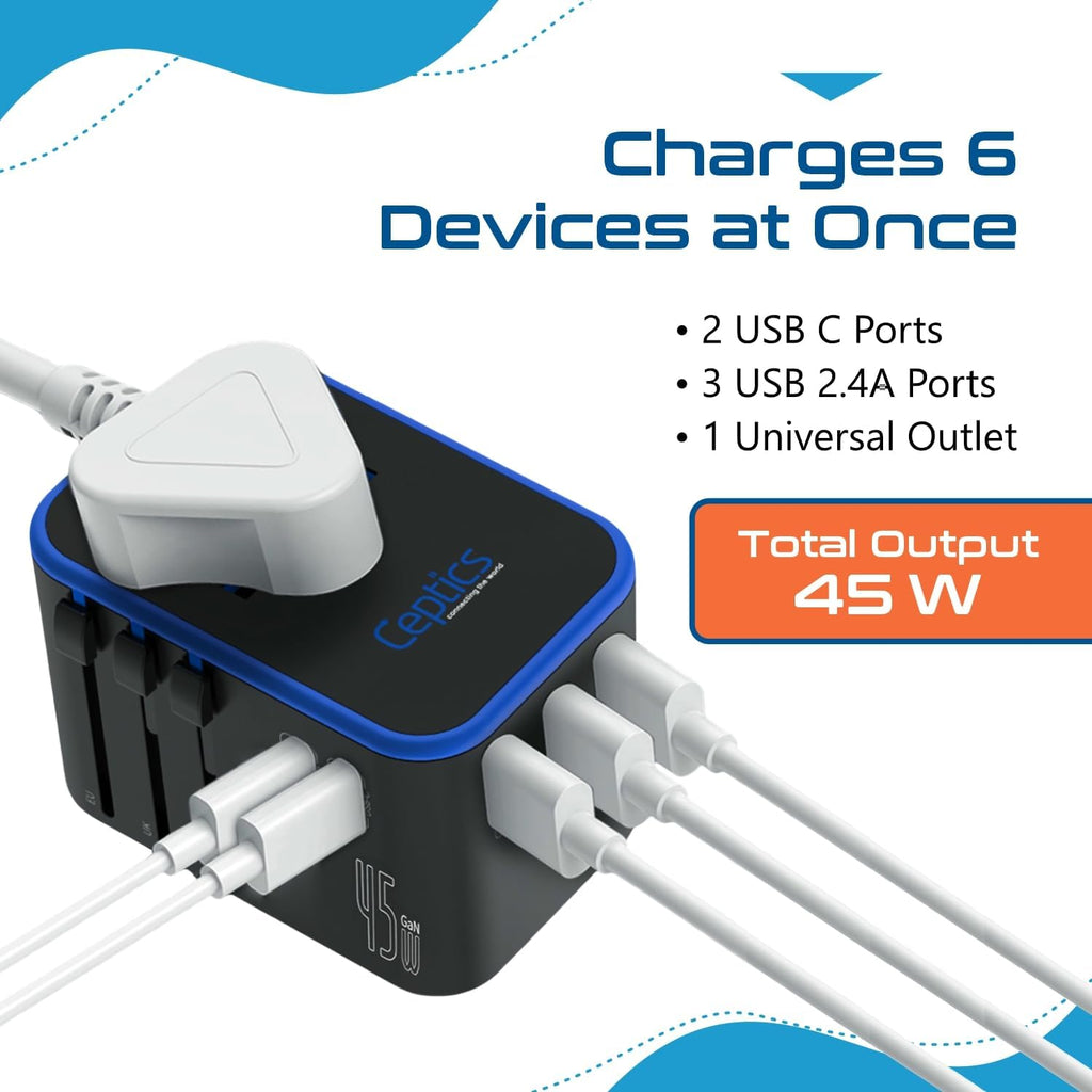 Universal Travel Adapter, 45W International Power Adapter with PD & QC 3.0 Dual USB-C, 3 USB Travel Adapter Worldwide, Type I C G a Outlets - EU Euro US UK (11-KU)