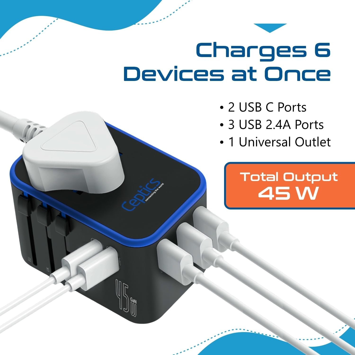 Universal Travel Adapter, 45W International Power Adapter with PD & QC 3.0 Dual USB-C, 3 USB Travel Adapter Worldwide, Type I C G a Outlets - EU Euro US UK (11-KU)