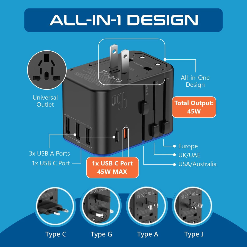 Universal Travel Adapter, 45W International Power Adapter with PD & QC 3.0 Dual USB-C, 3 USB Travel Adapter Worldwide, Type I C G a Outlets - EU Euro US UK (11-KU)