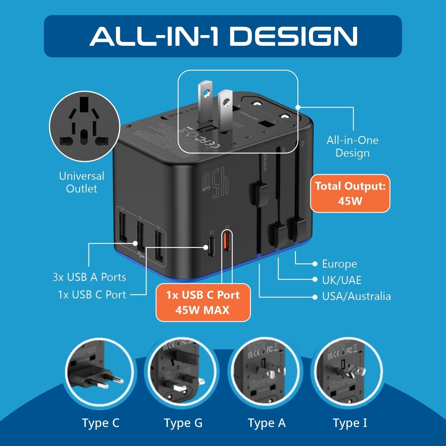 Universal Travel Adapter, 45W International Power Adapter with PD & QC 3.0 Dual USB-C, 3 USB Travel Adapter Worldwide, Type I C G a Outlets - EU Euro US UK (11-KU)