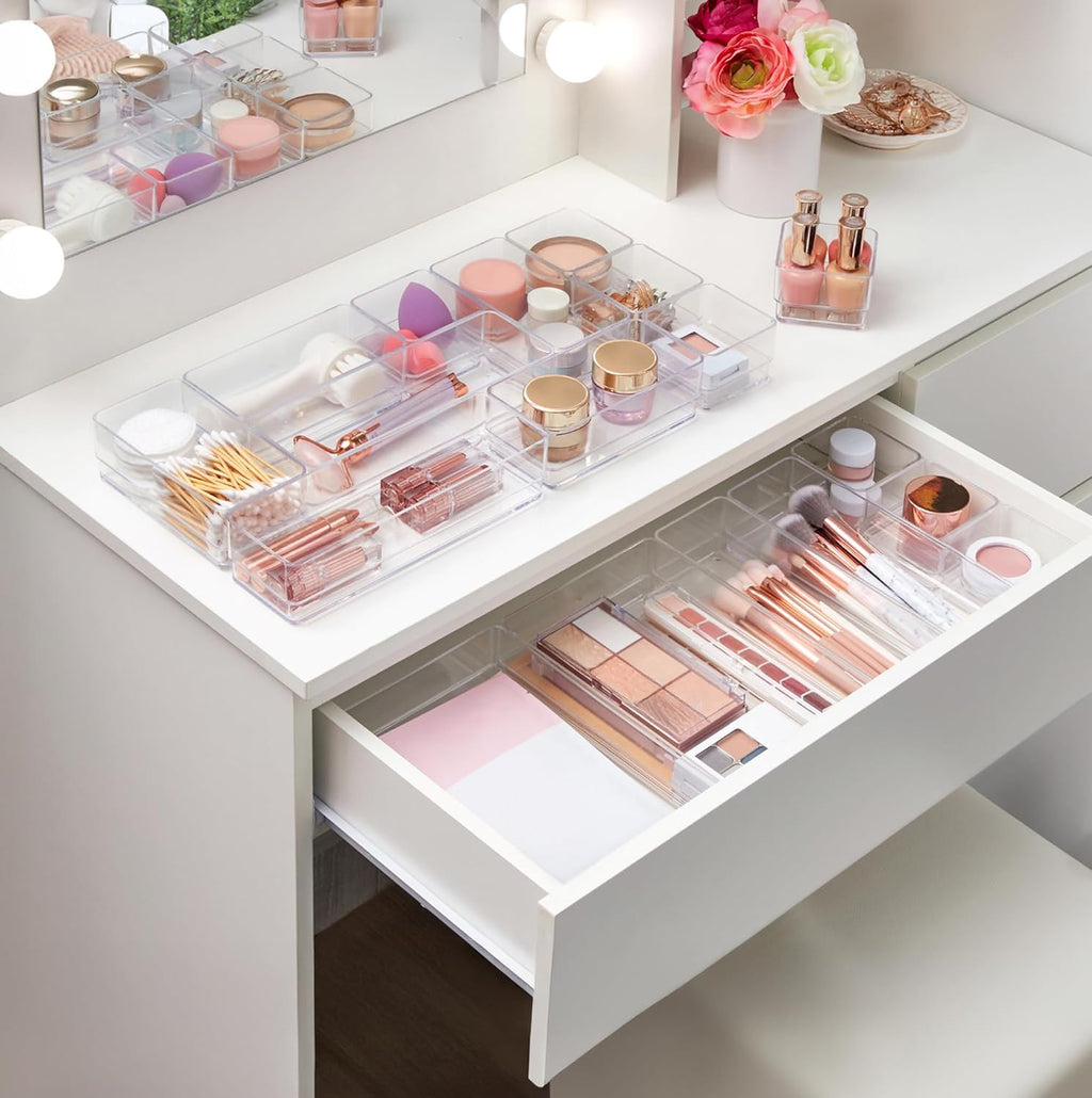 Simplesort 18-Piece Stackable Clear Drawer Organizer Set | Multi-Size Trays | Makeup Vanity Storage Bins and Office Desk Drawer Dividers | Made in USA