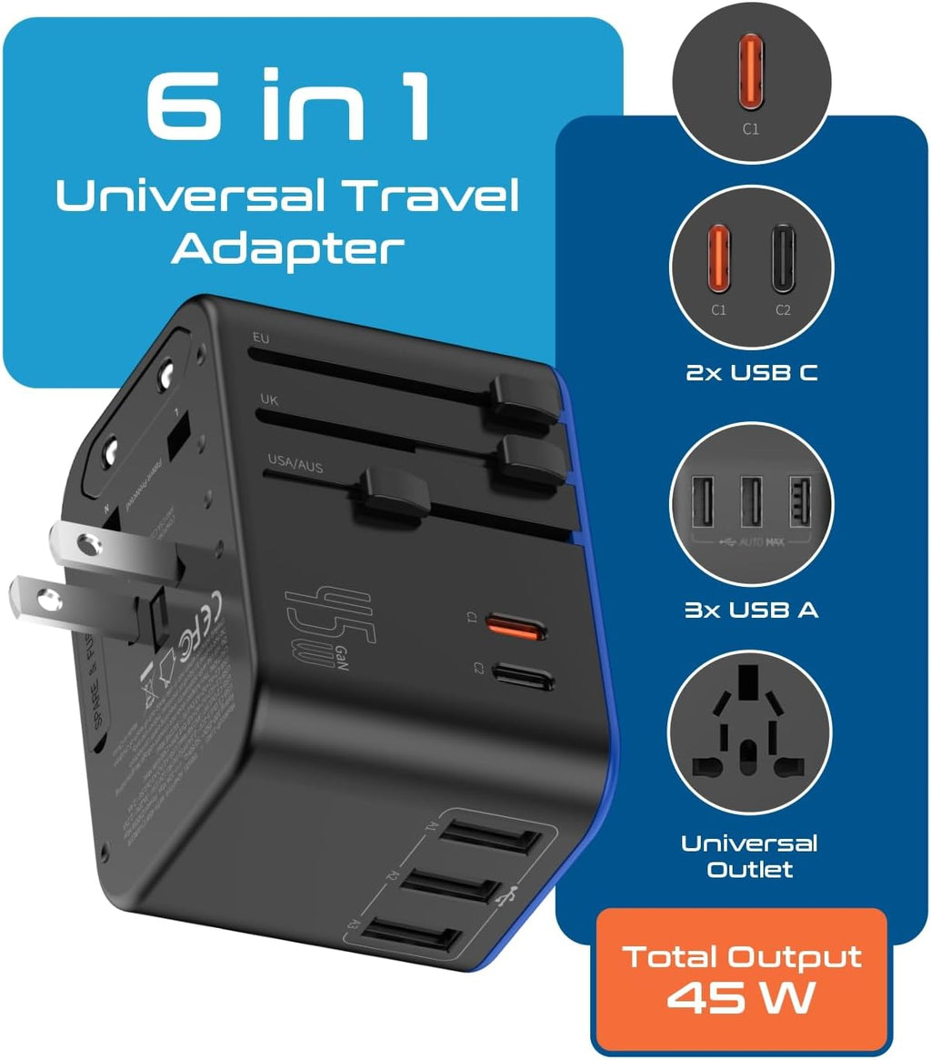 Universal Travel Adapter, 45W International Power Adapter with PD & QC 3.0 Dual USB-C, 3 USB Travel Adapter Worldwide, Type I C G a Outlets - EU Euro US UK (11-KU)
