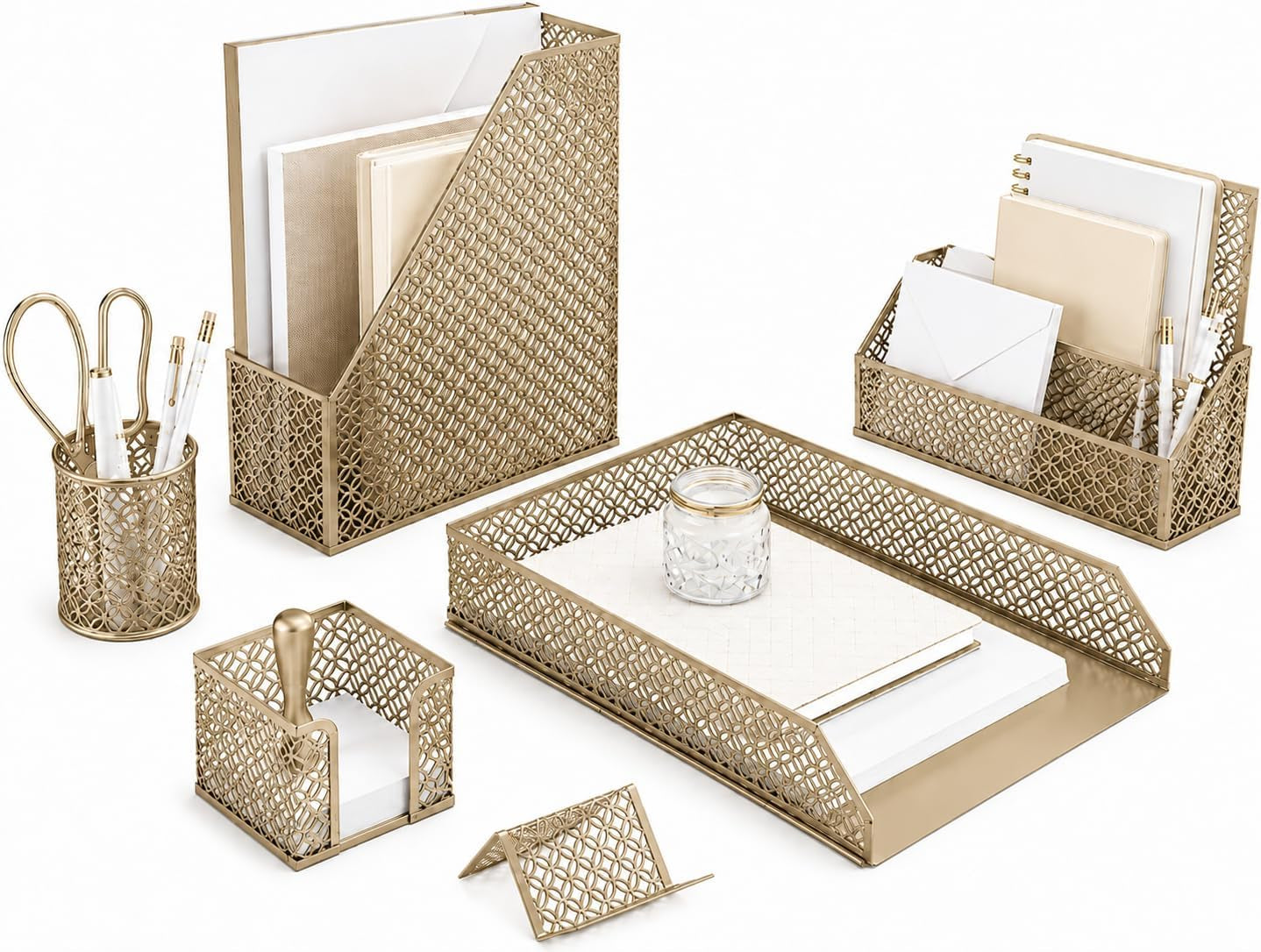 | Gold Desk Organizer Set with Mail Sorter, Sticky Note Holder, Pen Cup, Magazine Holder, Letter Tray & Business Card Holder | Stylish Desk Accessories for Women & Home Office Décor