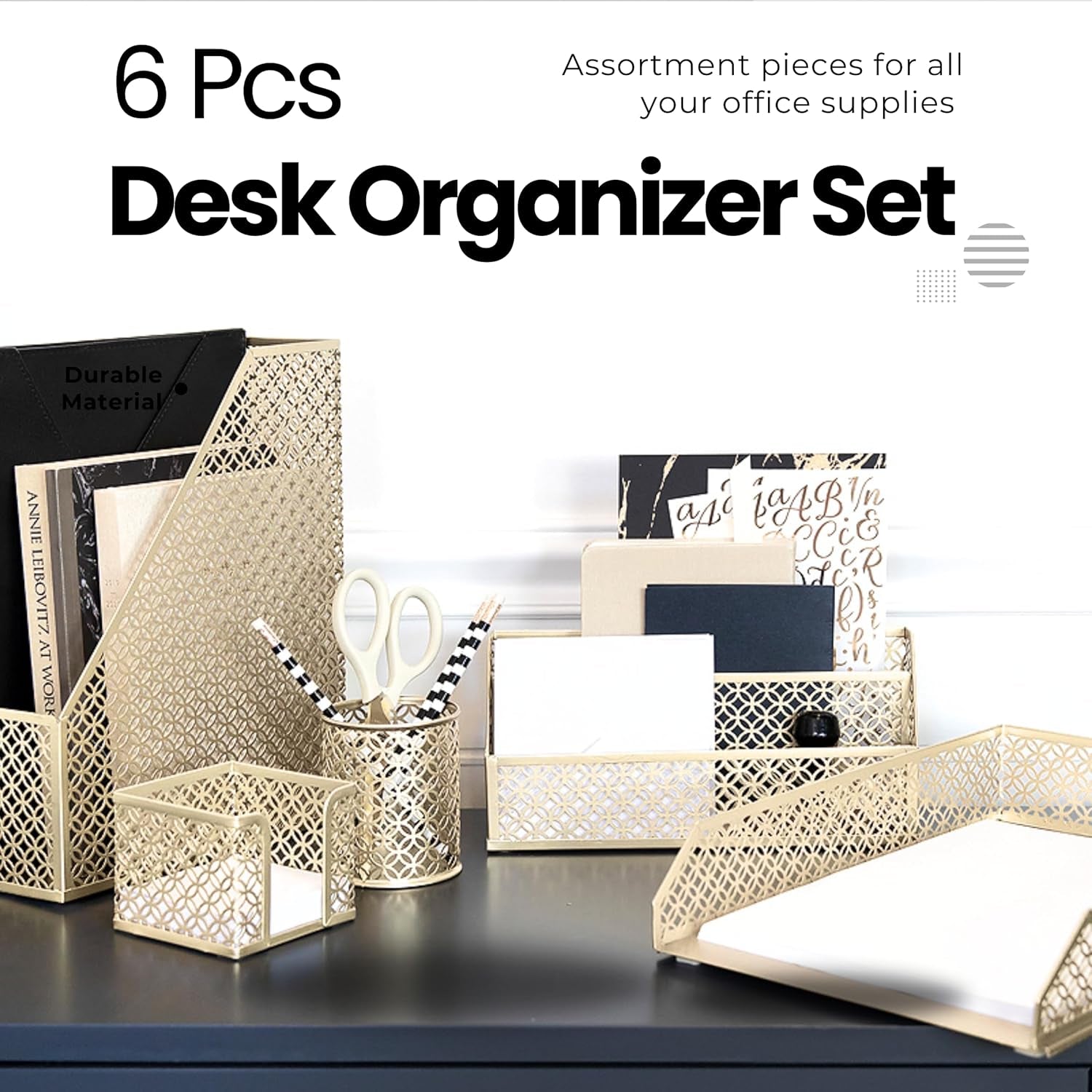 | Gold Desk Organizer Set with Mail Sorter, Sticky Note Holder, Pen Cup, Magazine Holder, Letter Tray & Business Card Holder | Stylish Desk Accessories for Women & Home Office Décor