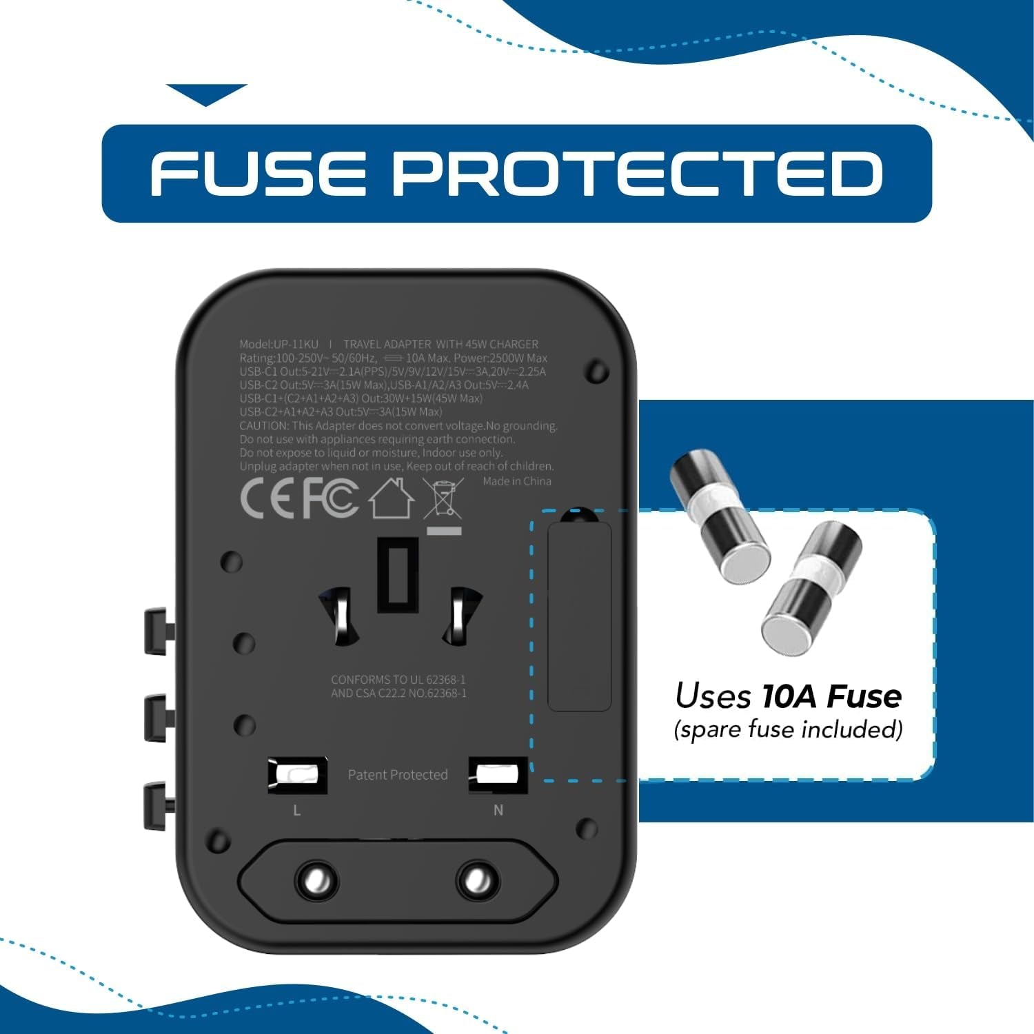 Universal Travel Adapter, 45W International Power Adapter with PD & QC 3.0 Dual USB-C, 3 USB Travel Adapter Worldwide, Type I C G a Outlets - EU Euro US UK (11-KU)