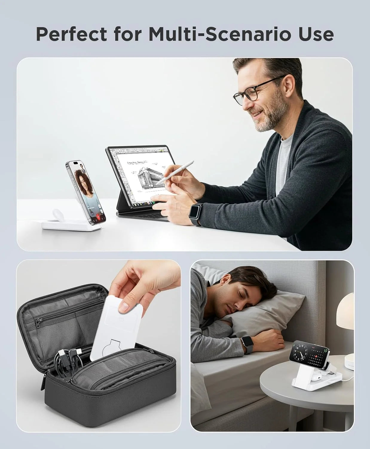 3 in 1 Charging Station - 2026 Foldable Wireless Charger Compatible for Iphone 17/16/15/14/13/12 plus Pro Max, Iwatch & Airpods, White