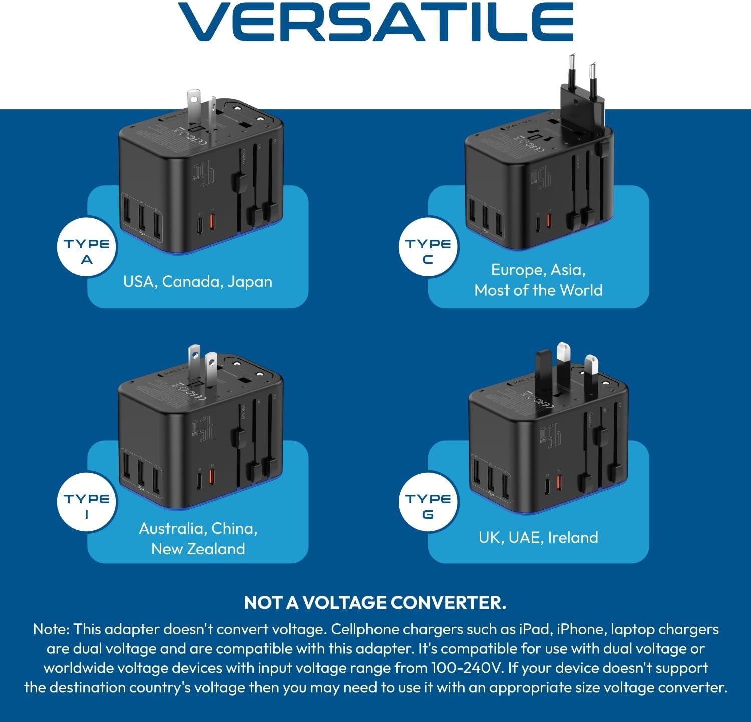Universal Travel Adapter, 45W International Power Adapter with PD & QC 3.0 Dual USB-C, 3 USB Travel Adapter Worldwide, Type I C G a Outlets - EU Euro US UK (11-KU)