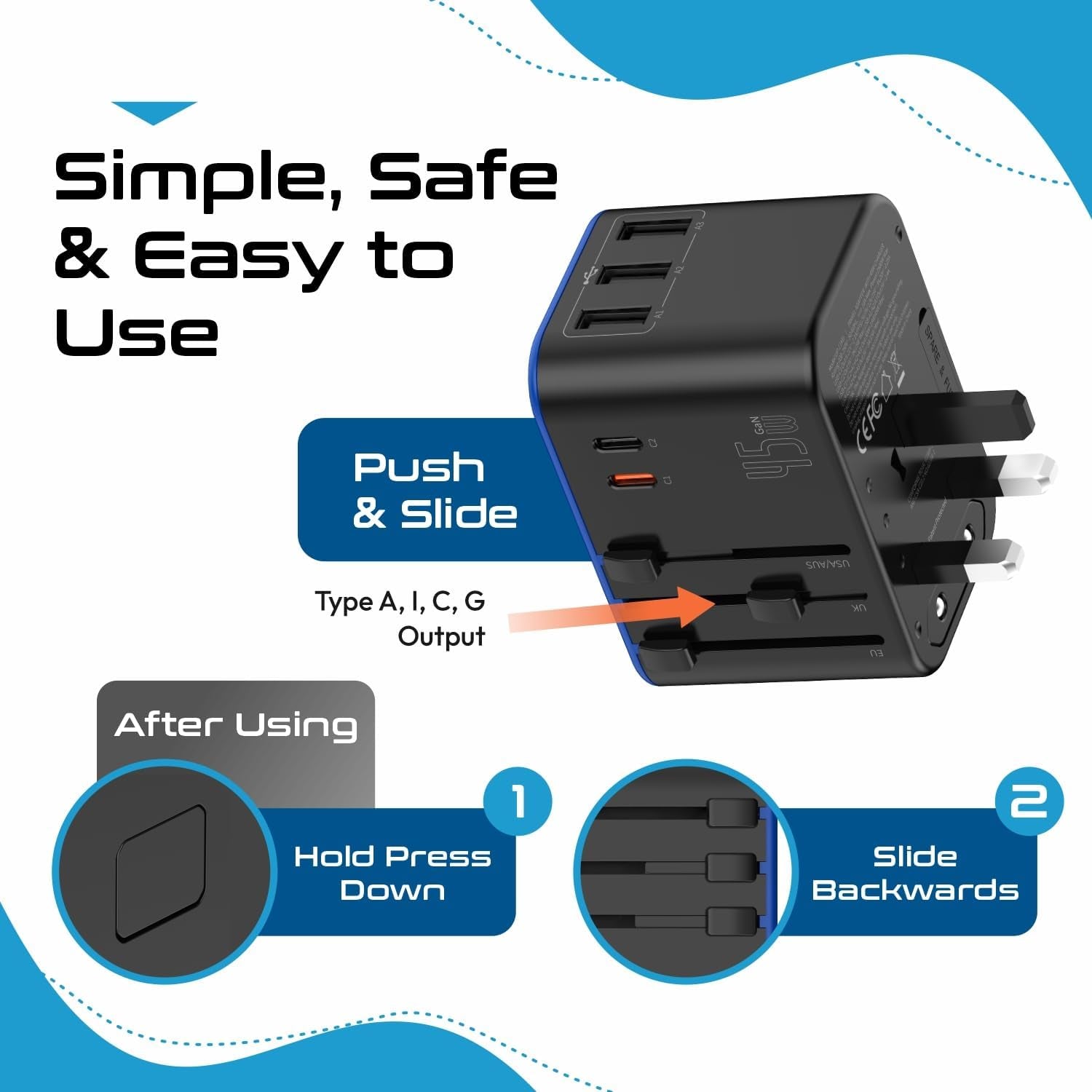 Universal Travel Adapter, 45W International Power Adapter with PD & QC 3.0 Dual USB-C, 3 USB Travel Adapter Worldwide, Type I C G a Outlets - EU Euro US UK (11-KU)